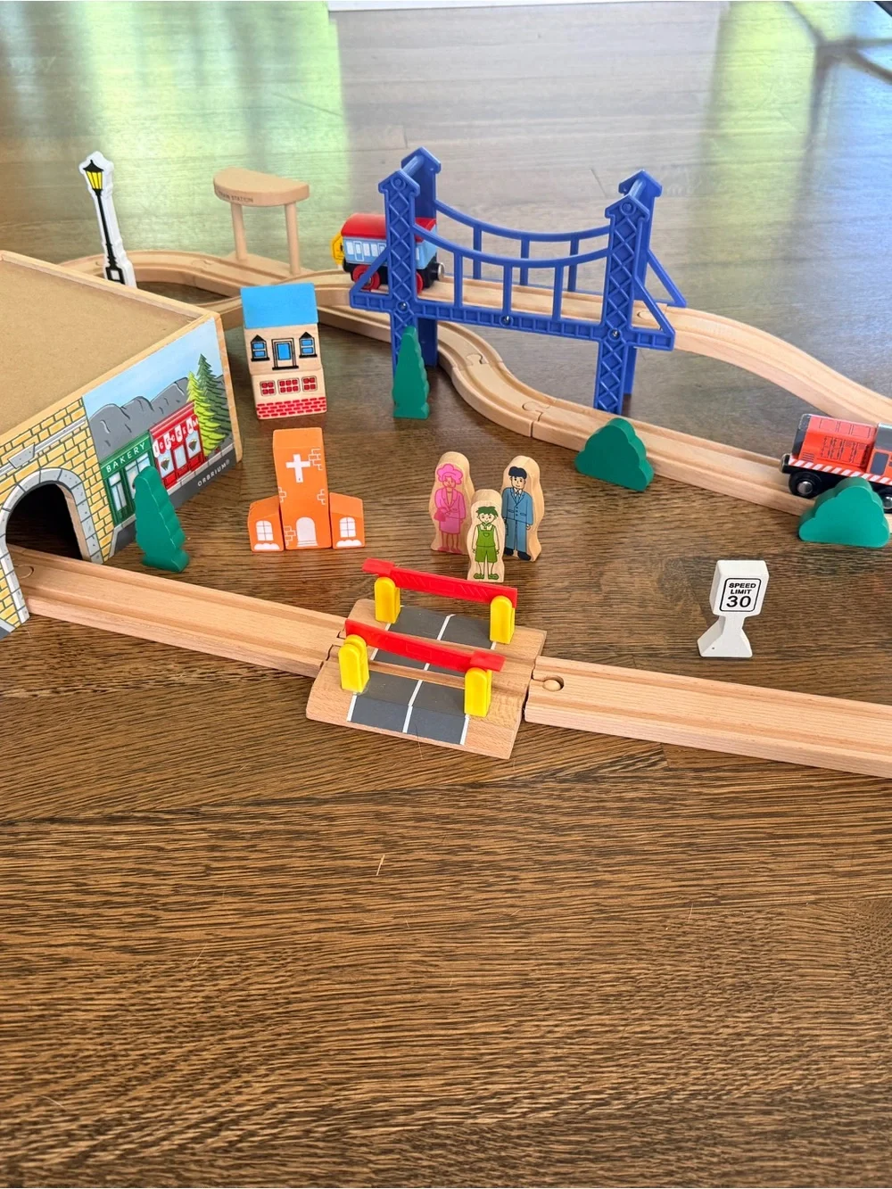 Wooden Kids Train Set with Blue Bridge and Accessories